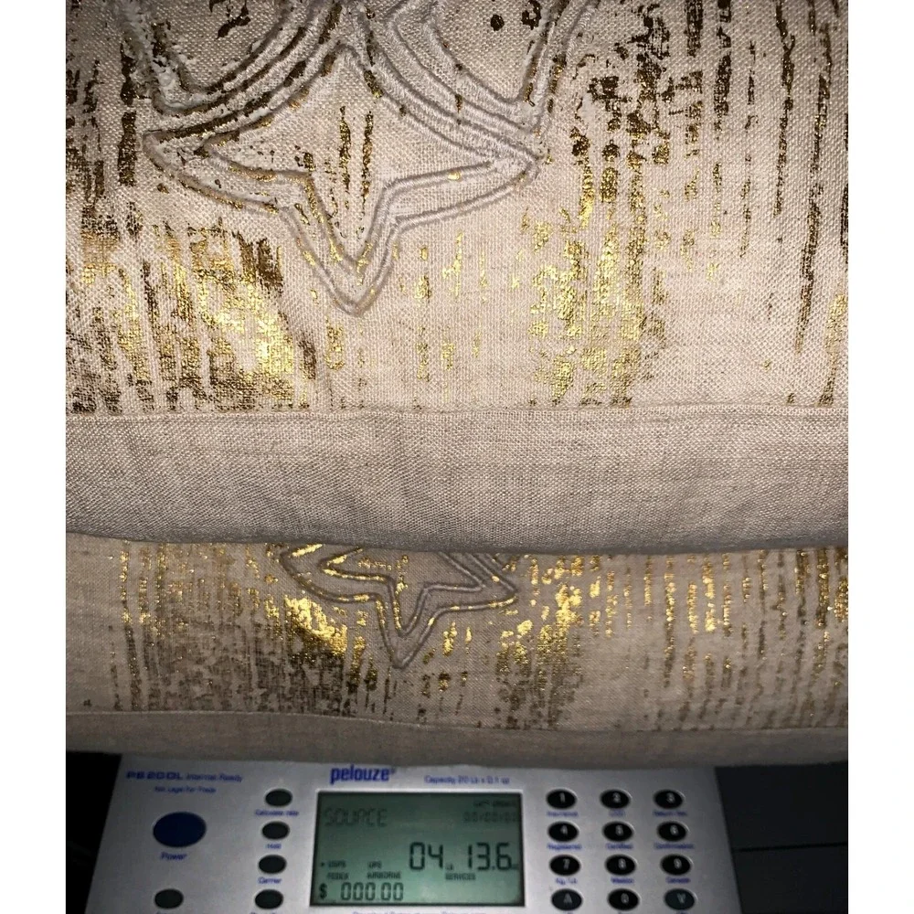 2 Gold Metallic Stump Embroidery Linen Feather Down Show Pillows Diem M. Abram